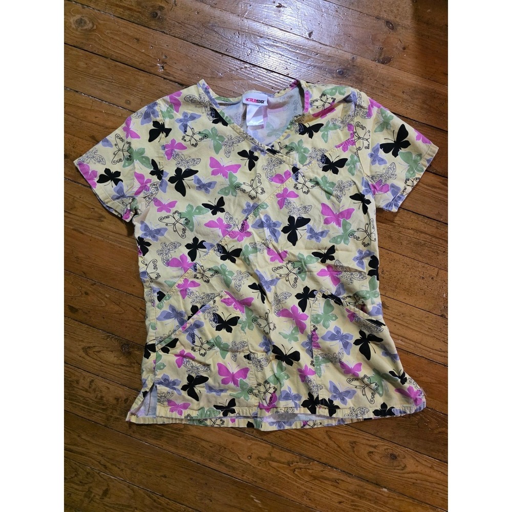 Scrubstar Butterfly Print V-Neck‎ Scrub Top Yellow Pink Purple Women's Medical